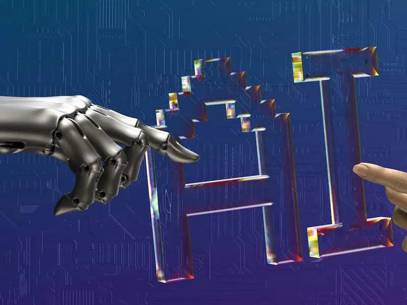 Une main humaine et une main de robot tendues l'une vers l'autre